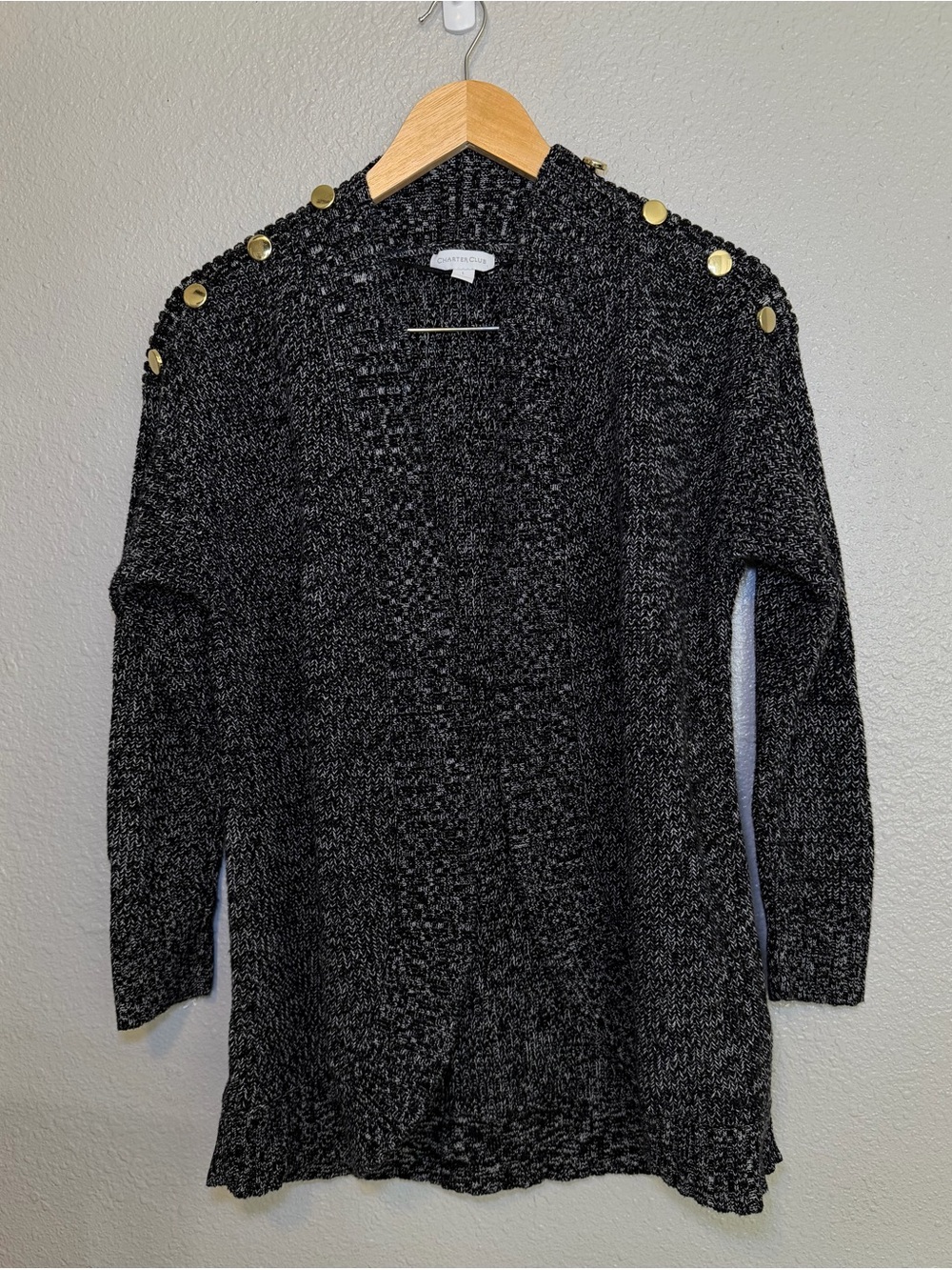 Charter Club Black Marled Button-Shoulder Cardigan Large